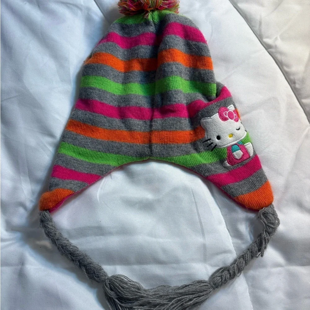 Hello Kitty by Sanrio Beanie Hat with Pom Tassels 2013 Girls Knit Embroidered